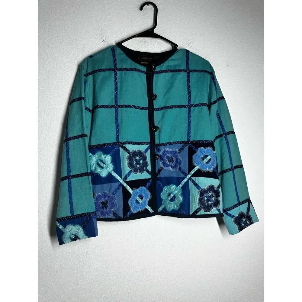 Vintage Allure Patchwork Blazer Cotton Blend Button Down Lined Blue Sz S Petite